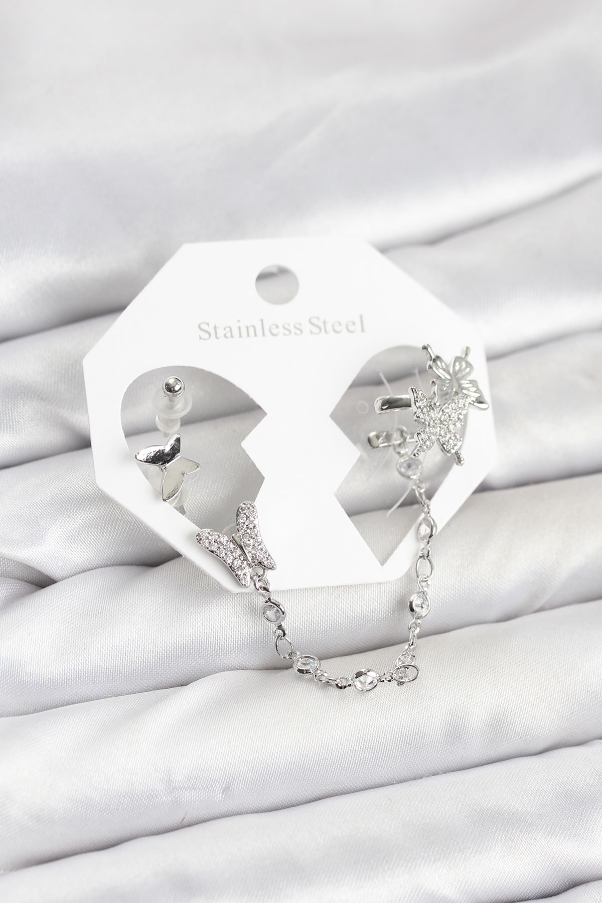 Tegan Pirinç Gümüş Renk Kelebek Model Zincir Bağlantılı Ear Cuff Küpe Seti TG27BKP11535