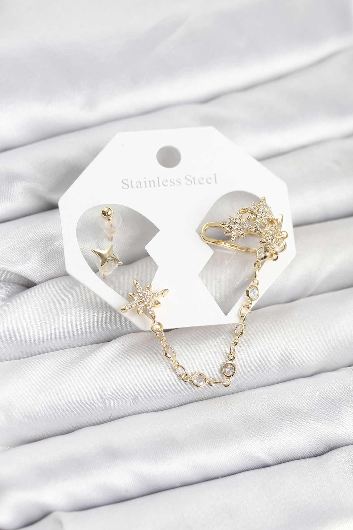 Tegan Kutup Yıldızı Model Pirinç Gold Renk Zincir Bağlantılı Ear Cuff Küpe Seti TG27BKP11550