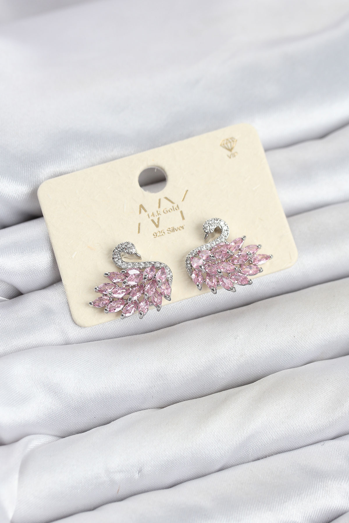 Tegan Pembe Zirkon Taşlı Gümüş Swan Kuğu Model Kadın Küpe TG27BKP11941
