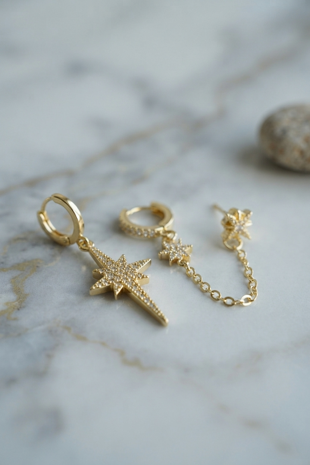 Tegan 3 lü Set Küpe Gold Renk Zincir Detaylı TG27BKP11954