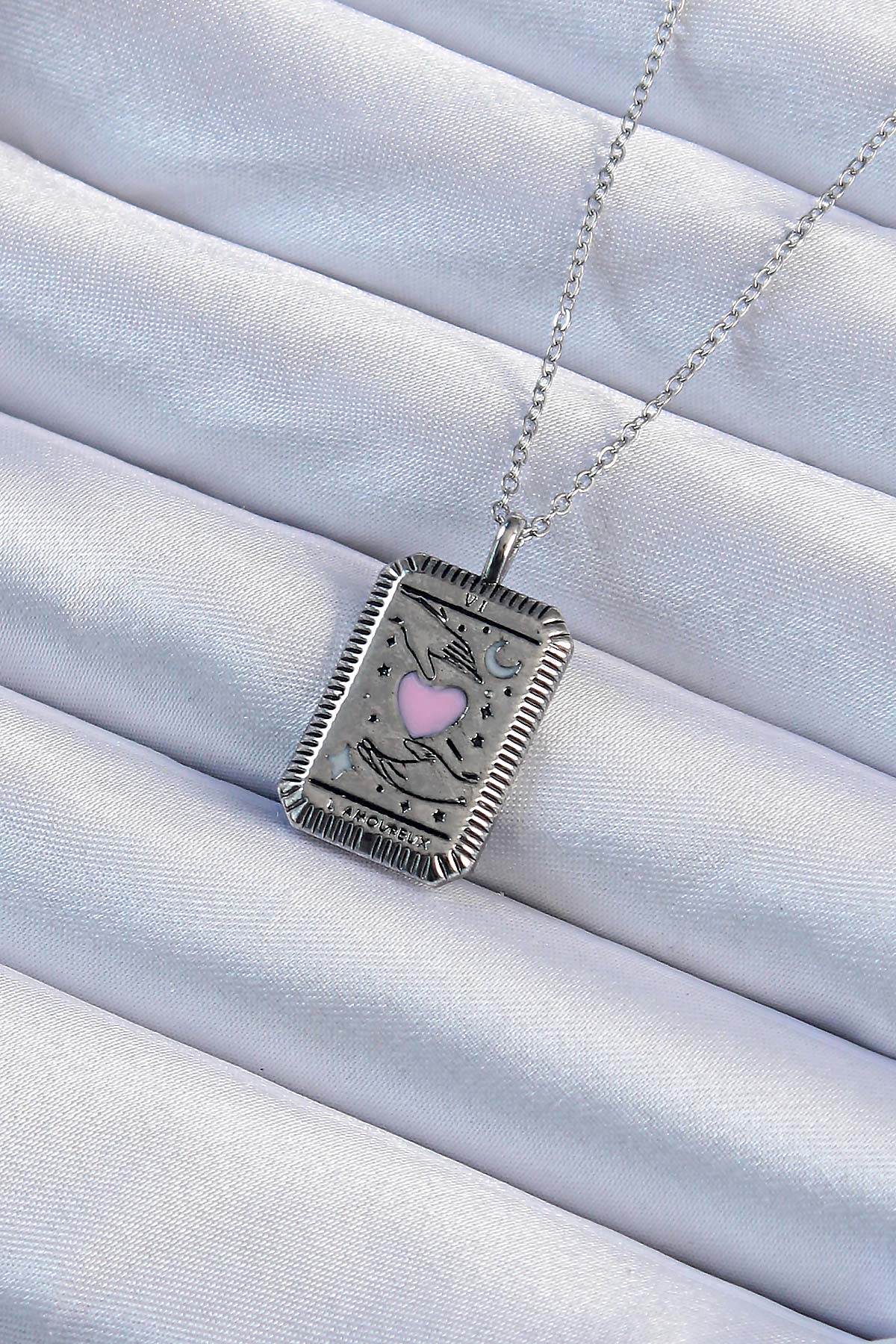 Tegan 316L Çelik Zincir Eskitme Gümüş Renk Pembe Mineli Kalp Figürlü Tarot Kolye TG27BKO9232