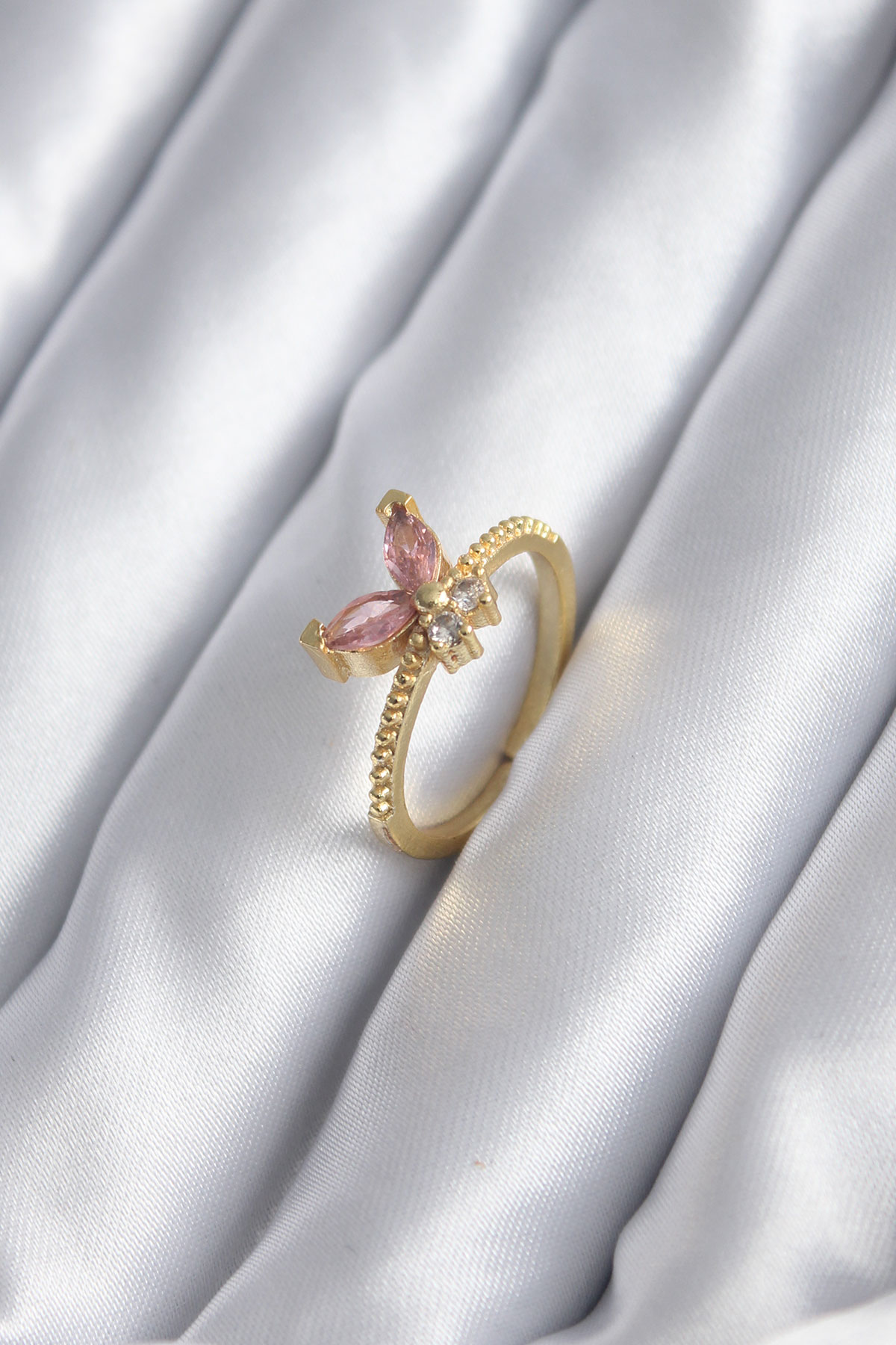 Tegan Gold Renk Pembe Zirkon Taşlı Kelebek Model Kadın Yüzük TG27BYK2842