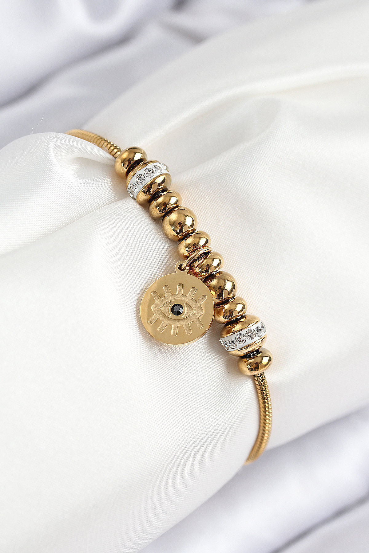 Tegan 316L Çelik Zirkon Taşlı Göz Charm Model Gold Renk Kadın Bileklik TG27BB7842