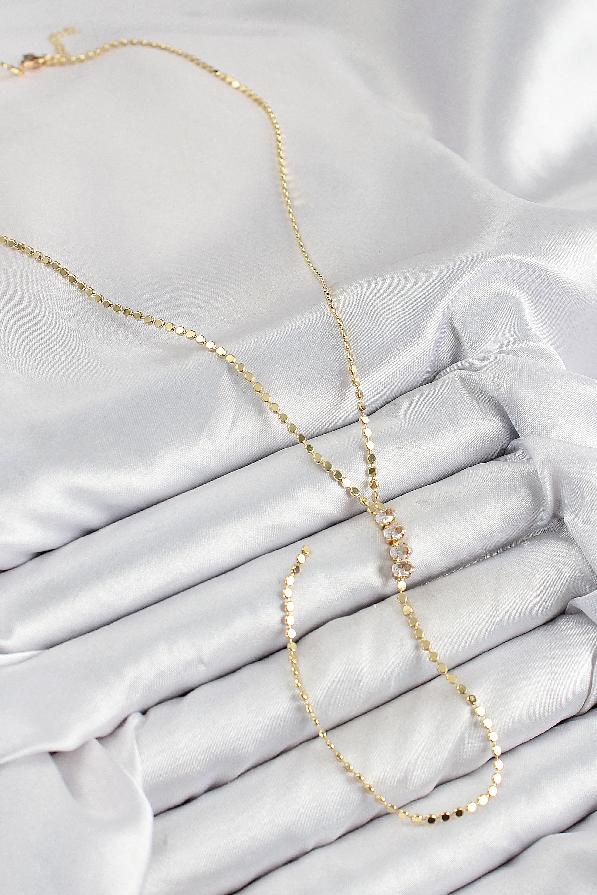 Tegan Pirinç Zirkon Taşlı Ezme Zincirli Model Gold Renk Y Kolye TG27BKO10465