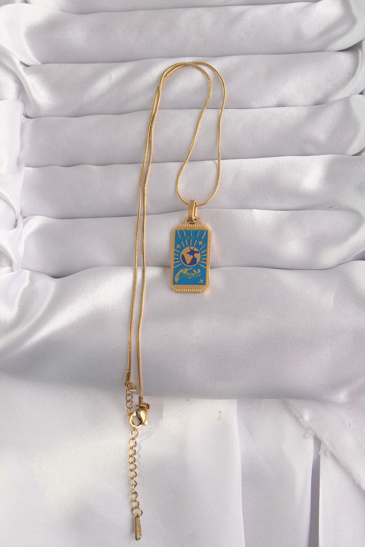 Tegan 316L Çelik Gold Renk Mavi Mineli El Figür Tarot Kolye TG27BKO9040