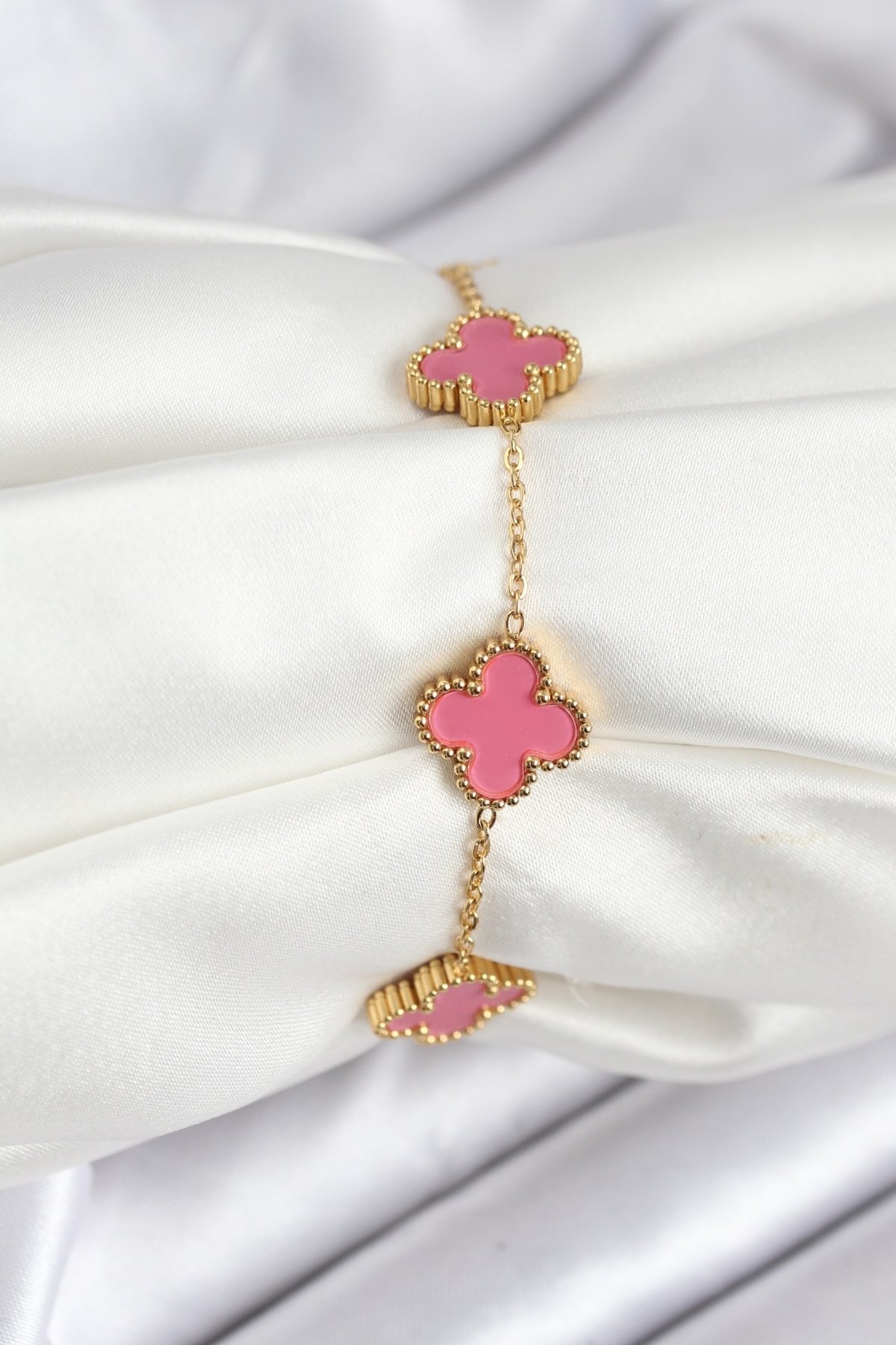 Tegan 316L Çelik Gold Zincir Pembe Yonca Renk Bileklik TG27BB7908
