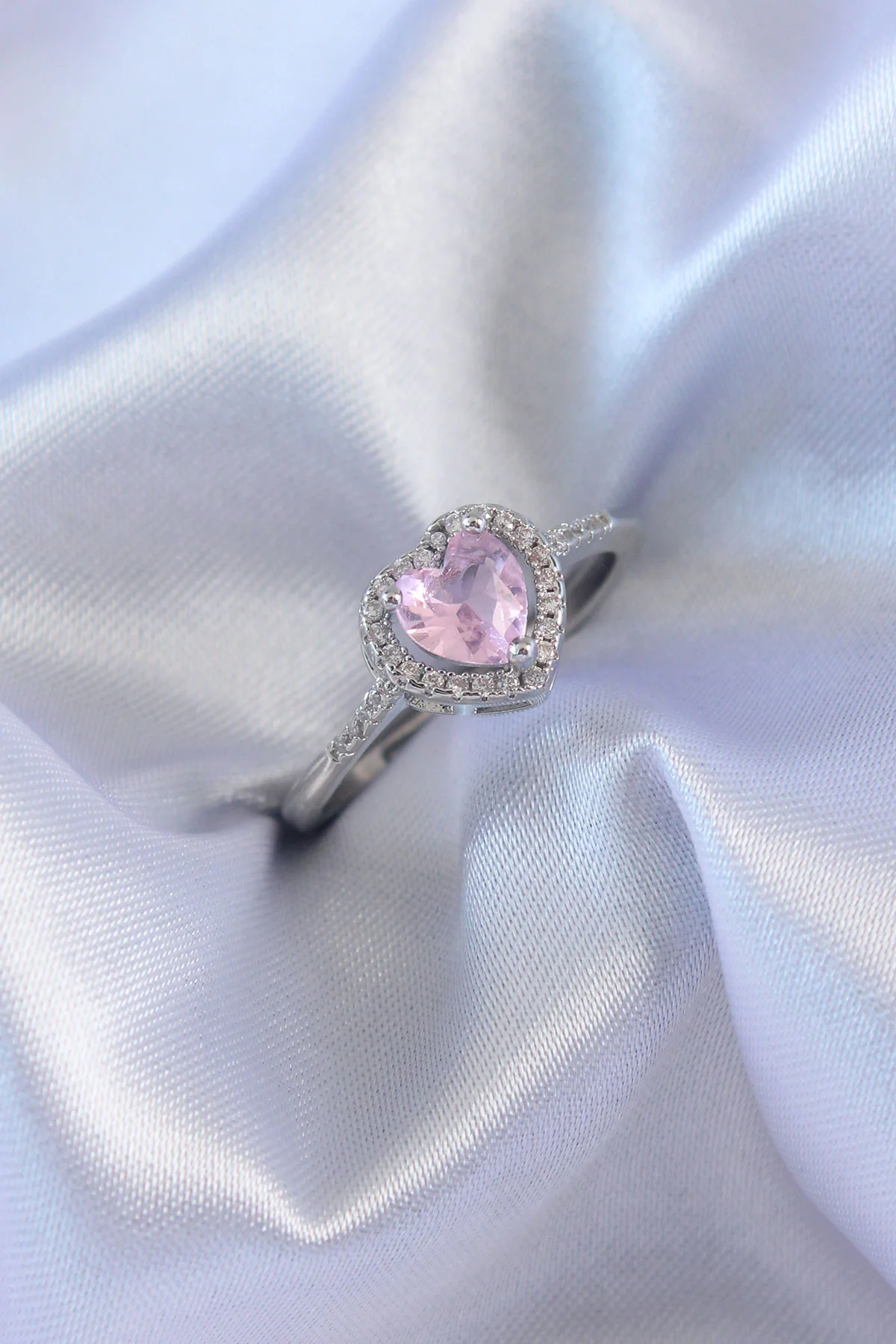 Tegan Gümüş Renk Pembe Zirkon Taşlı Kalp Charm Model Pirinç Kadın Yüzük TG27BYK2617