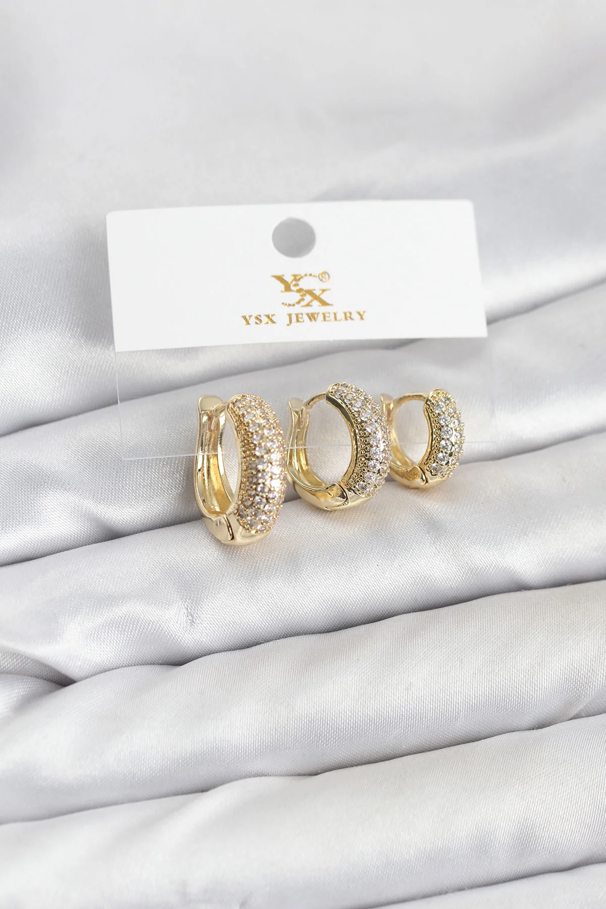 Tegan Pirinç Gold Renk Zirkon Taşlı Halka Model YSX Trio Küpe Seti TG27BKP11570