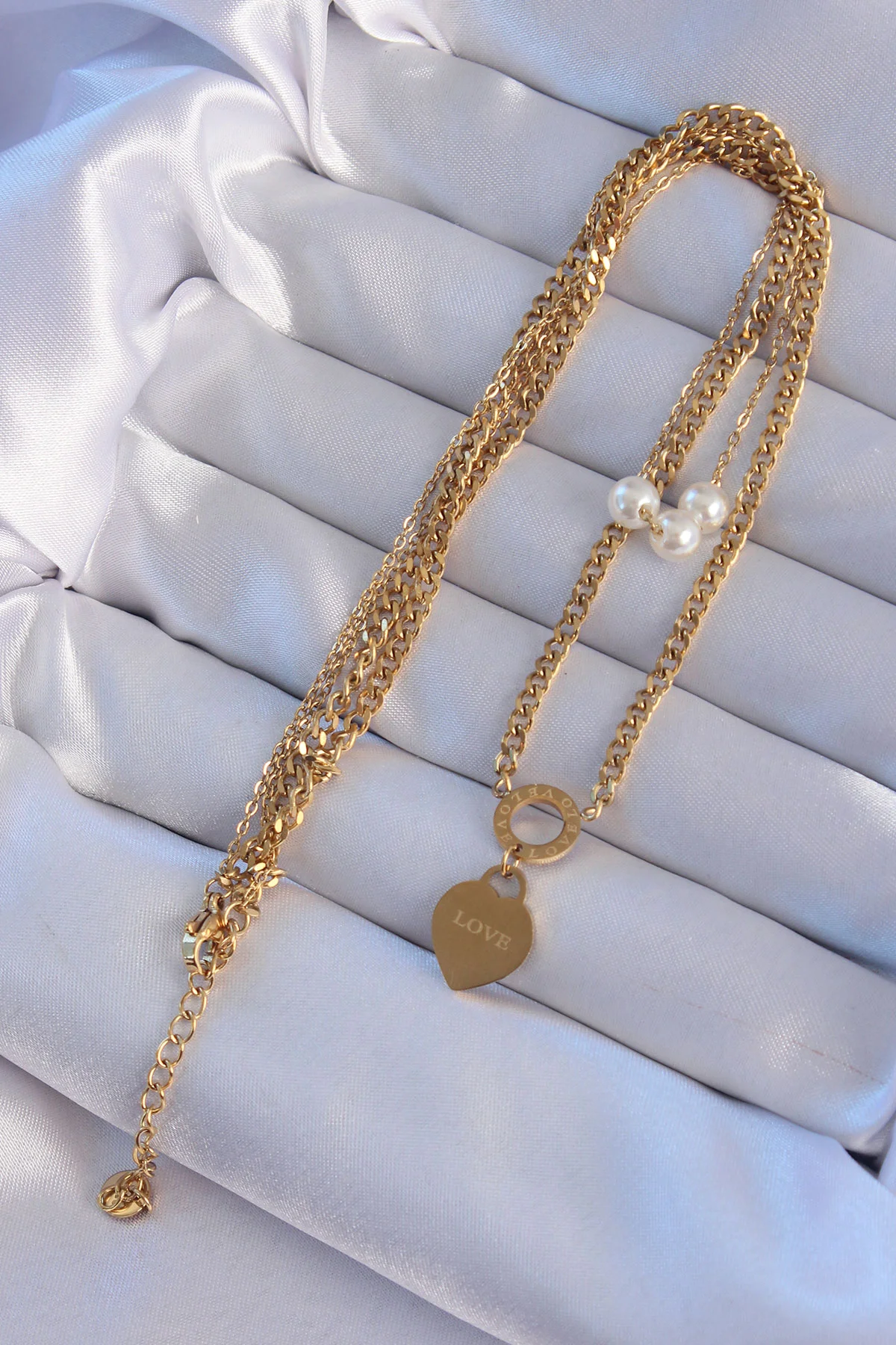 Tegan 316L Çelik Gold Renk Çift Zincir İnci Detayı Love Kalp Kolye TG27BKO8939