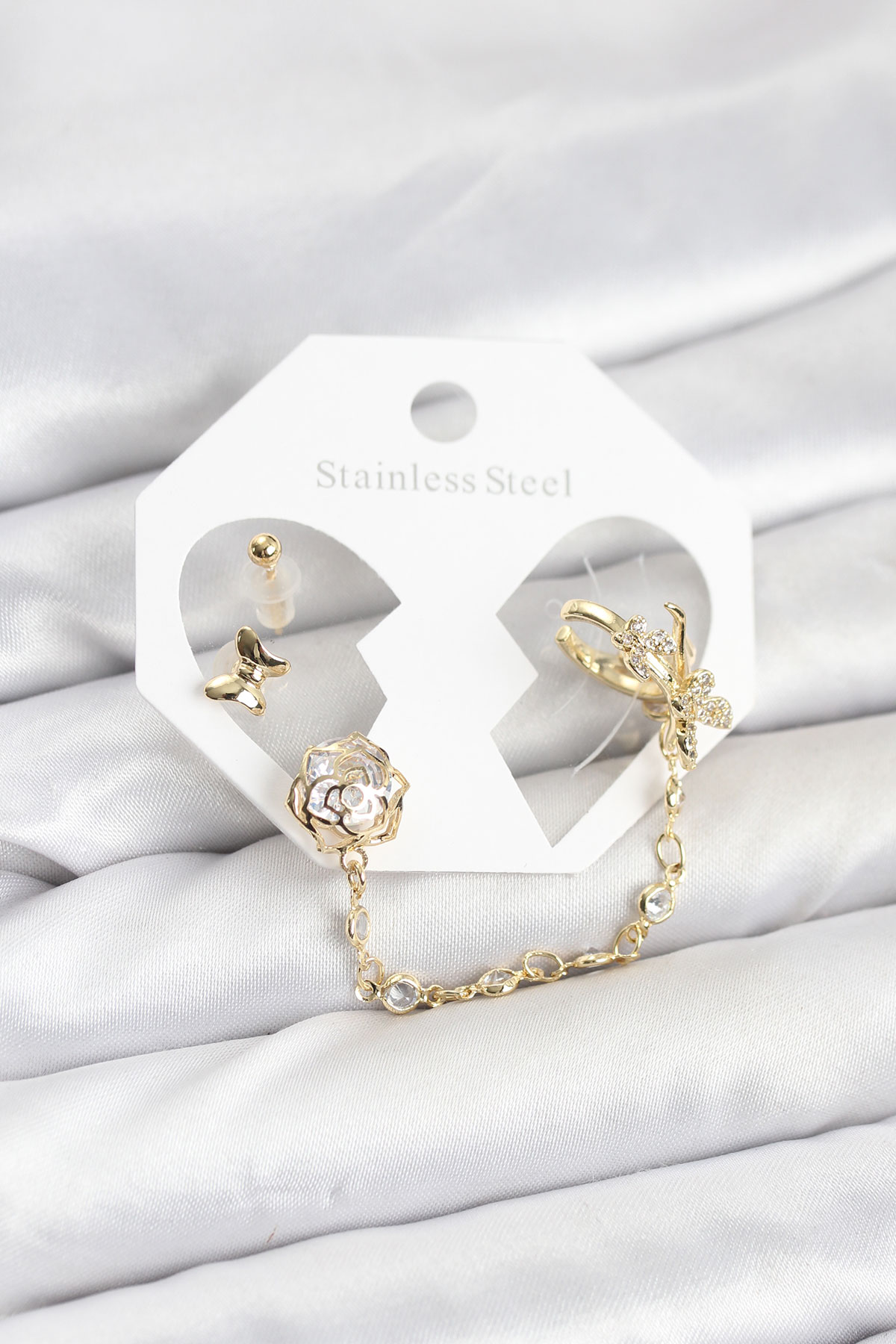 Tegan Pirinç Gold Renk Kelebekli Model Zincir Bağlantılı Ear Cuff Küpe Seti TG27BKP11543