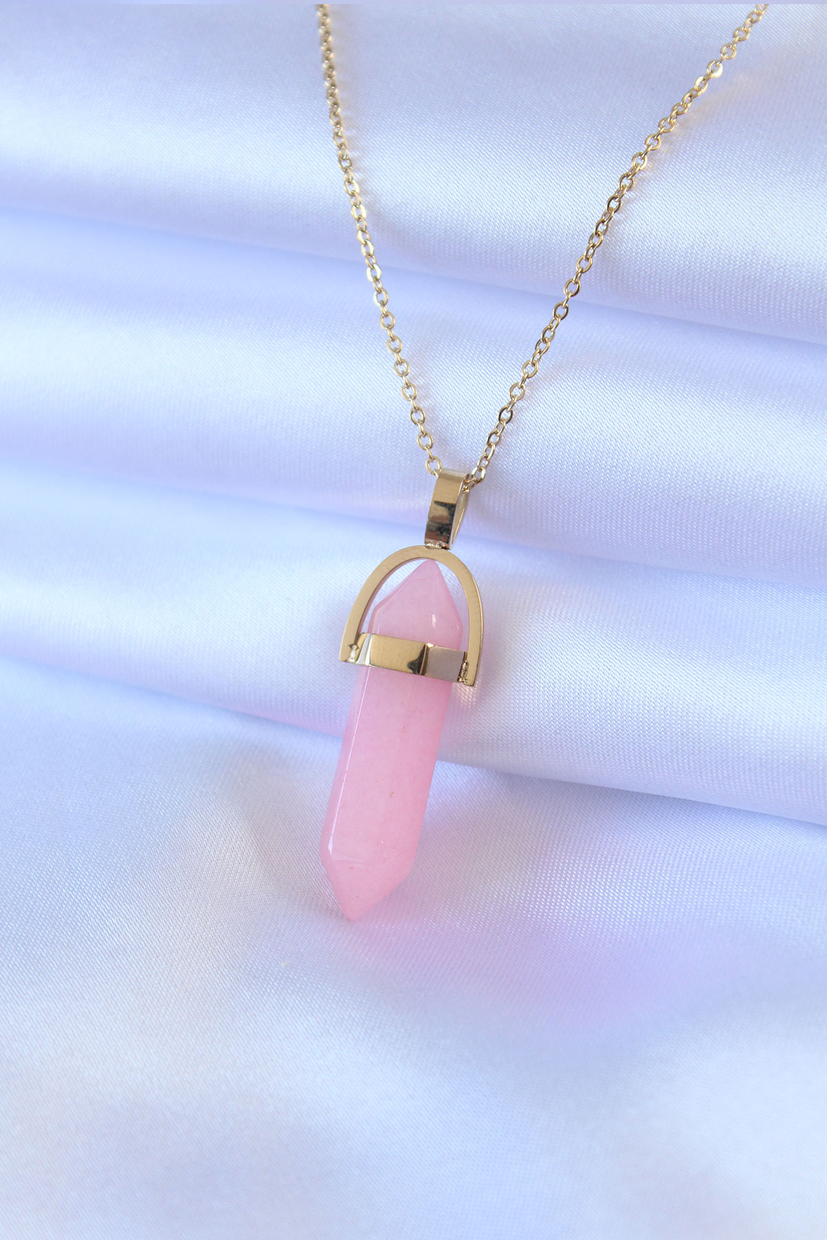 Tegan 316L Çelik Gold Renk Kristal Pembe Taş Model Kadın kolye TG27BKO7472