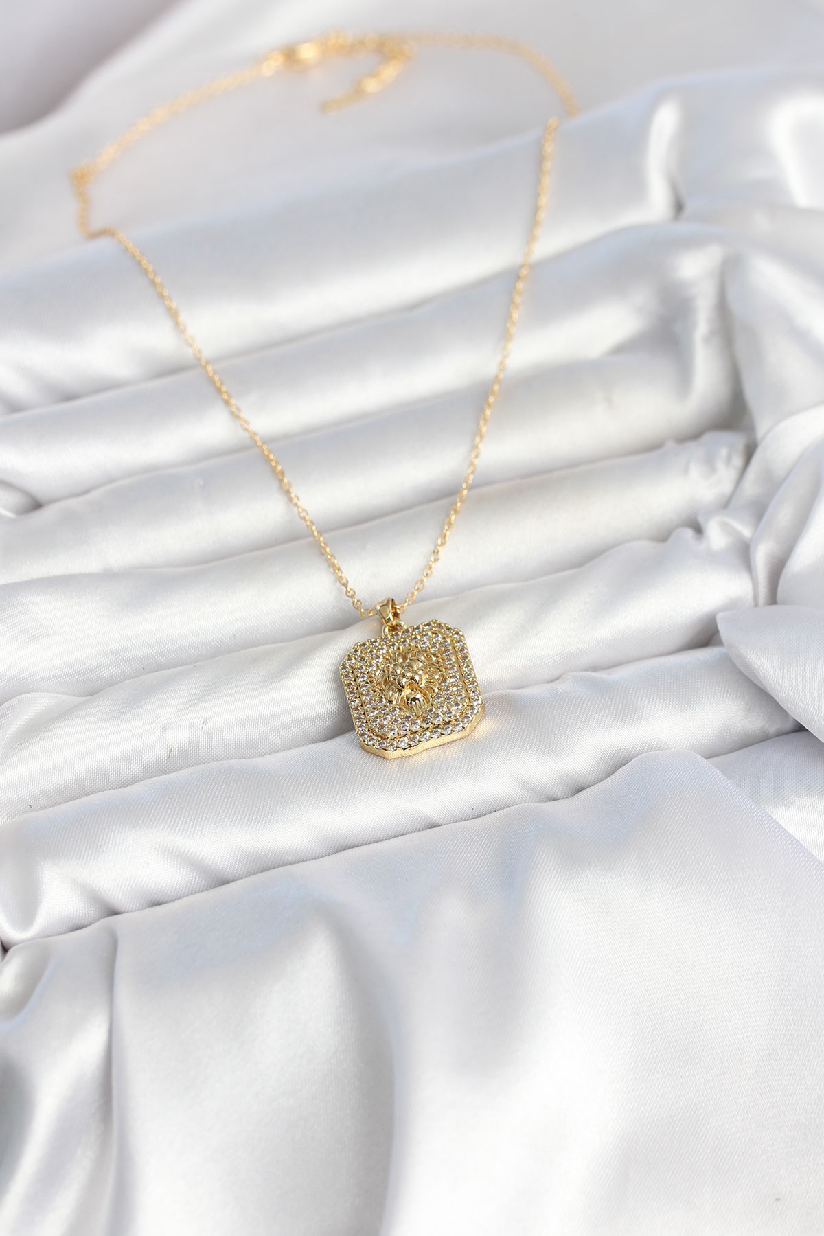 Tegan 316L Çelik Zincir Gold Aslan Madalyon Model Zirkon Taşlı Kadın Kolye TG27BKO11139