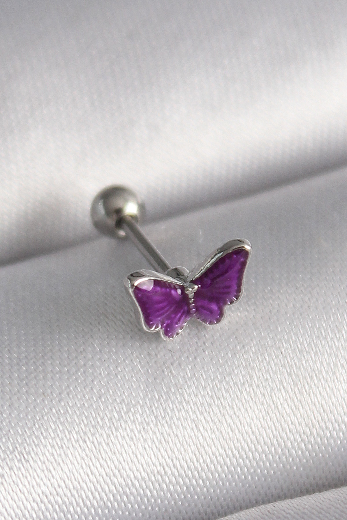 Tegan 316L Çelik Gümüş Renk Mor Kelebek Model Tragus Piercing TG27PR1287