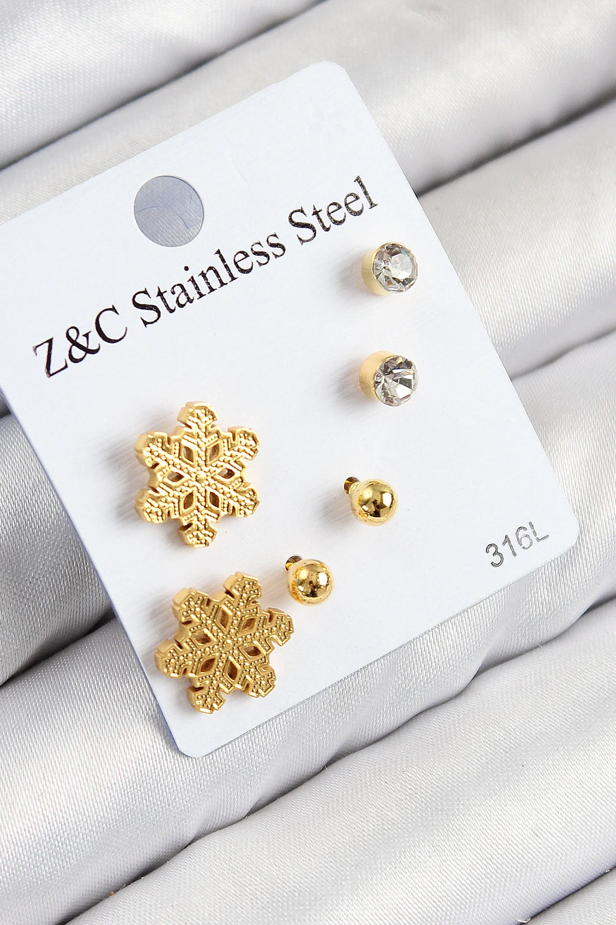 Tegan 316L Çelik Zirkon Taşlı Kar Tanesi Model Gold Renk Kadın Set Küpe TG27BKP11122