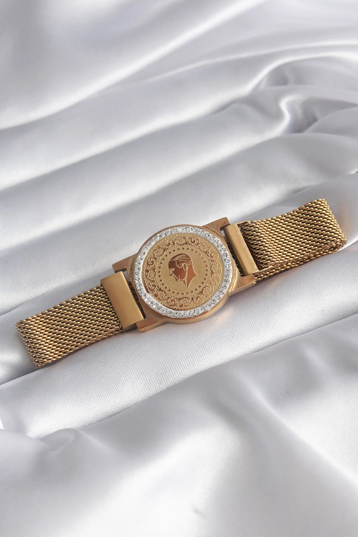 Tegan 316L Çelik Gold Renk Mıknatıslı Hasır Zirkon Taşlı Çeyrek Altın Model Kadın Bileklik TG27BB5820