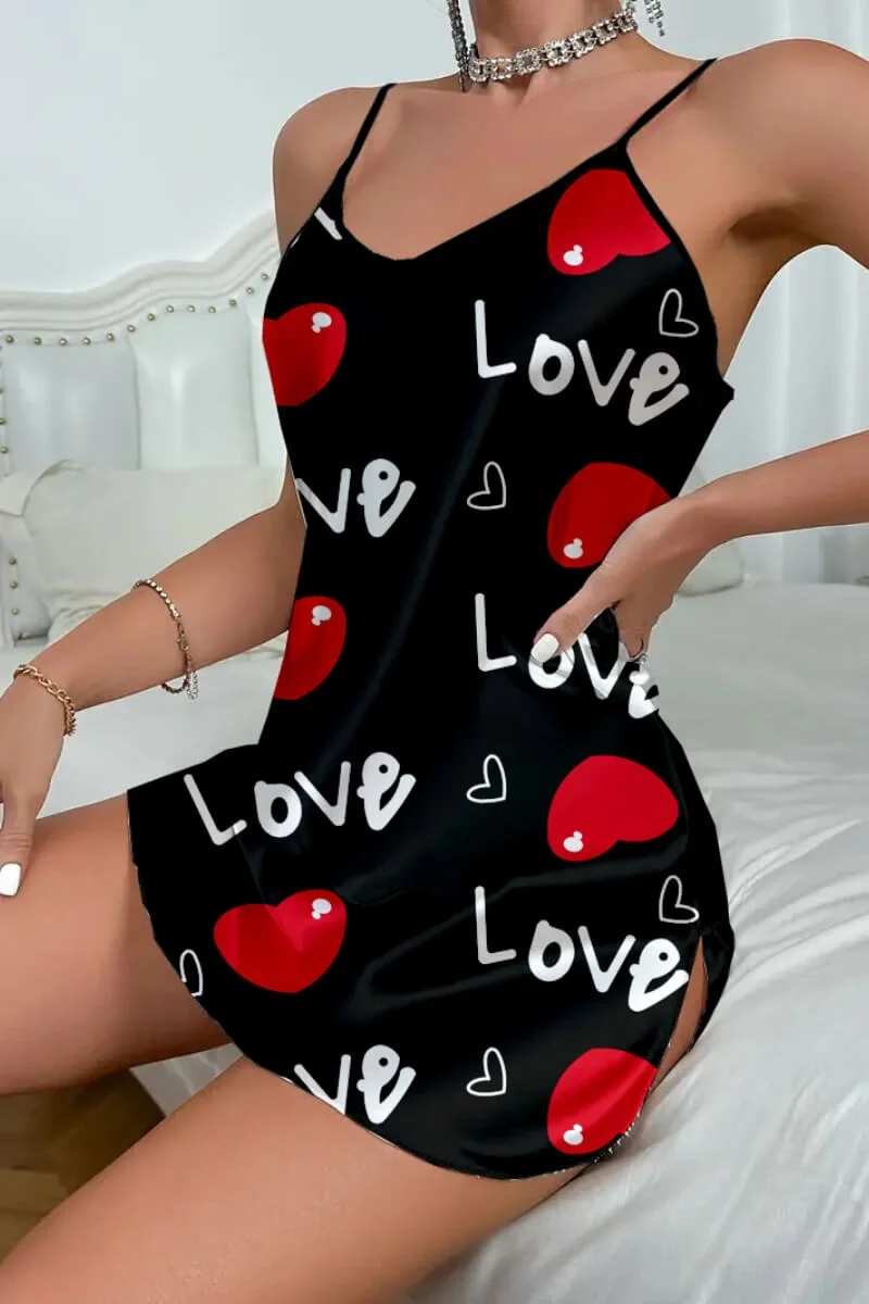 Tegan Love Desenli Siyah Saten Gecelik
