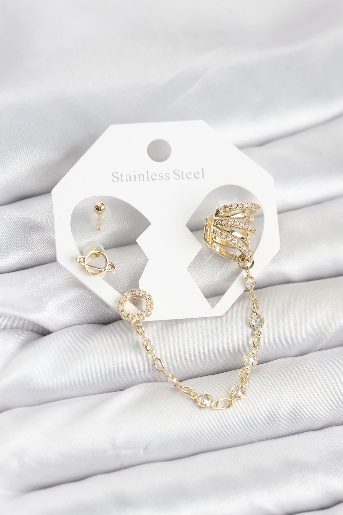 Tegan Uzay Model Pirinç Gold Renk Zincir Bağlantılı Ear Cuff Küpe Seti TG27BKP11546