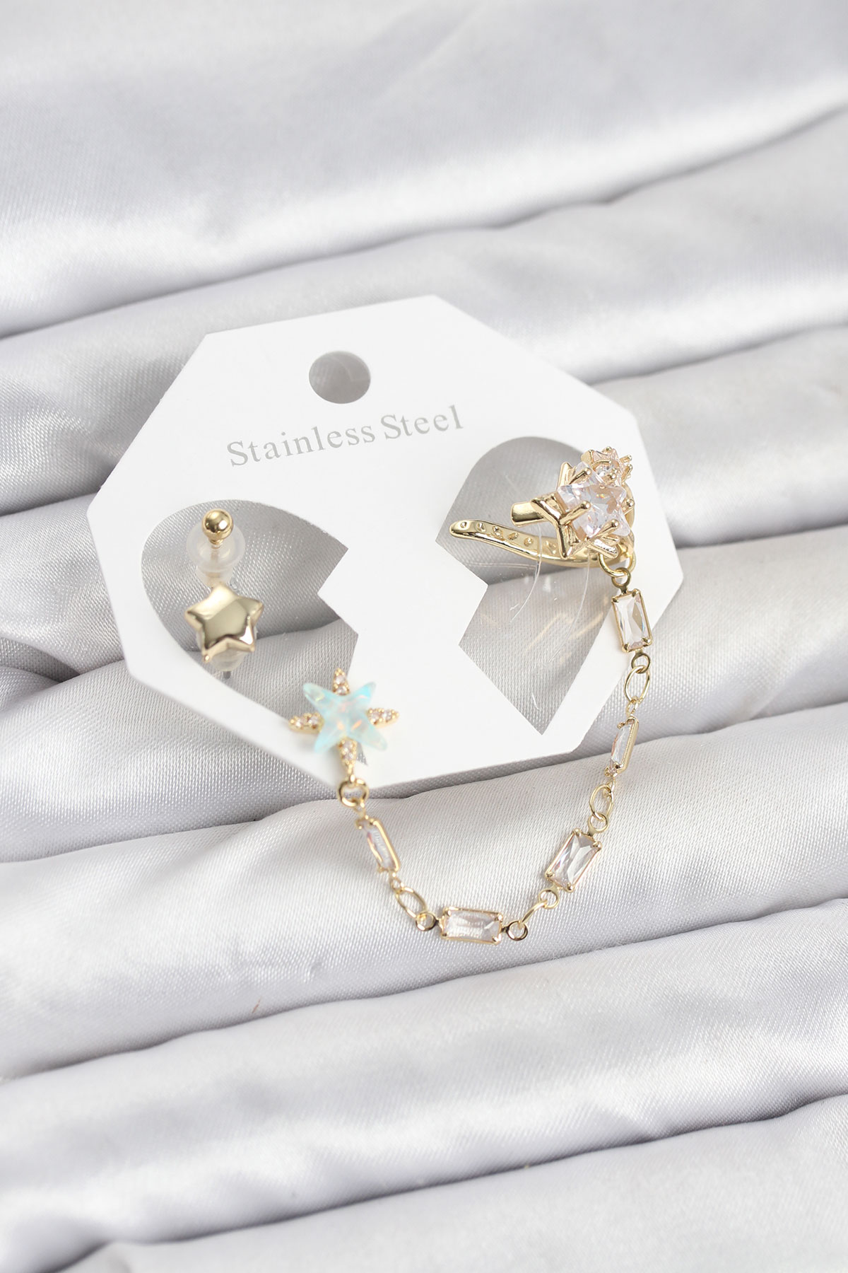 Tegan Yıldız Model Pirinç Gold Renk Zincir Bağlantılı Ear Cuff Küpe Seti TG27BKP11545