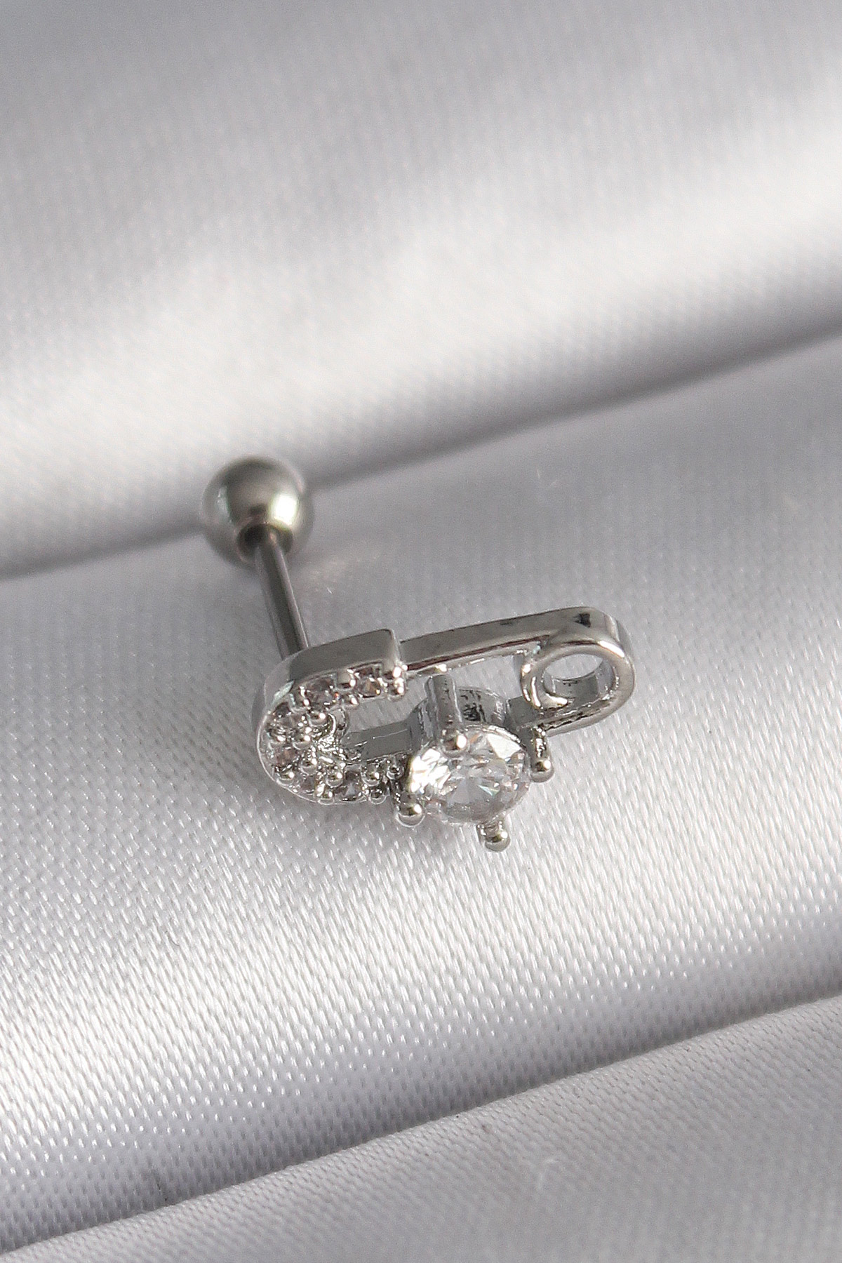 Tegan 316L Çelik Gümüş Renk Zirkon Taşlı Toplu İğne Tragus Piercing TG27PR1275
