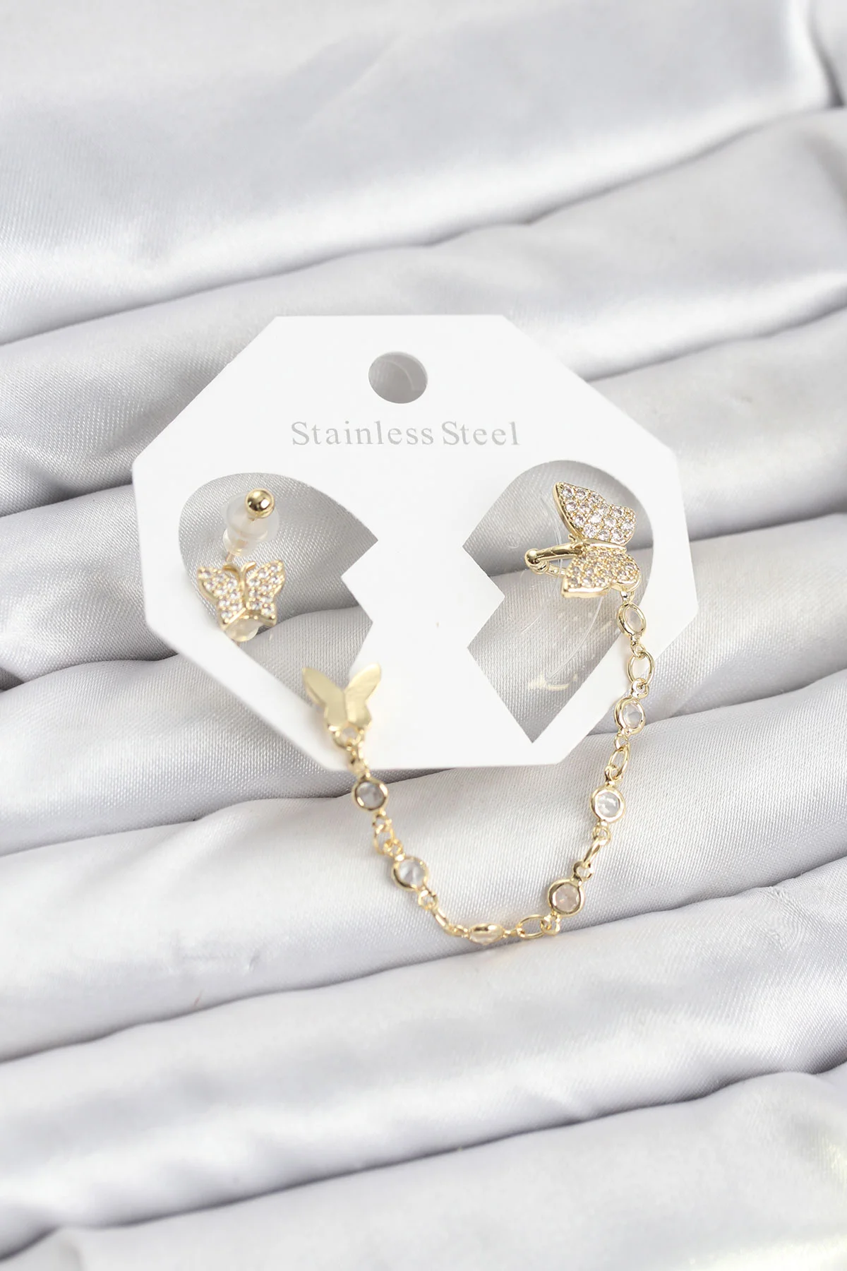 Tegan Kelebek Model Pirinç Gold Renk Zincir Bağlantılı Ear Cuff Küpe Seti TG27BKP11548