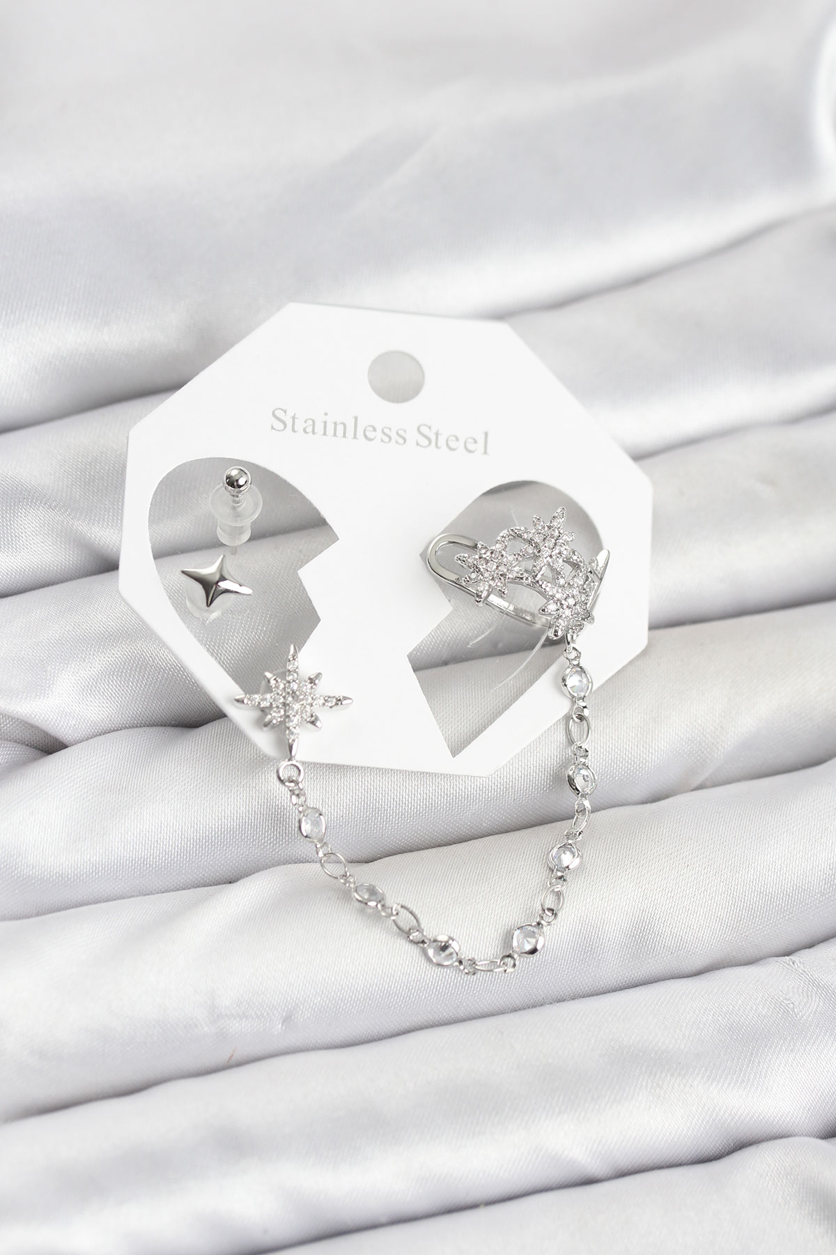 Tegan Kutup Yıldızı Model Pirinç Gümüş Renk Zincir Bağlantılı Ear Cuff Küpe Seti TG27BKP11551