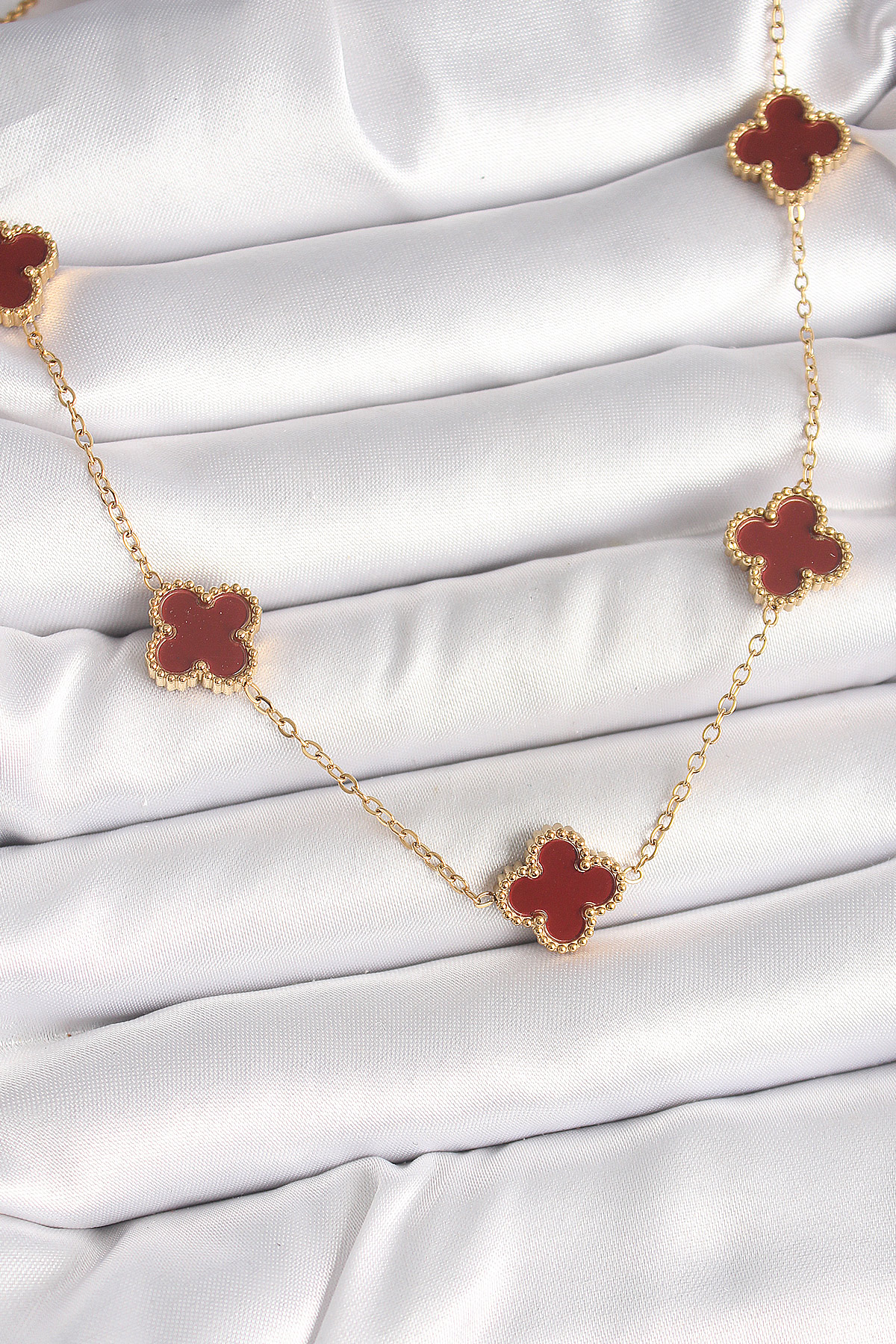 Tegan 316L Çelik Gold Renk Zincir Bordo Yonca Model Kadın Kolye TG27BKO9926