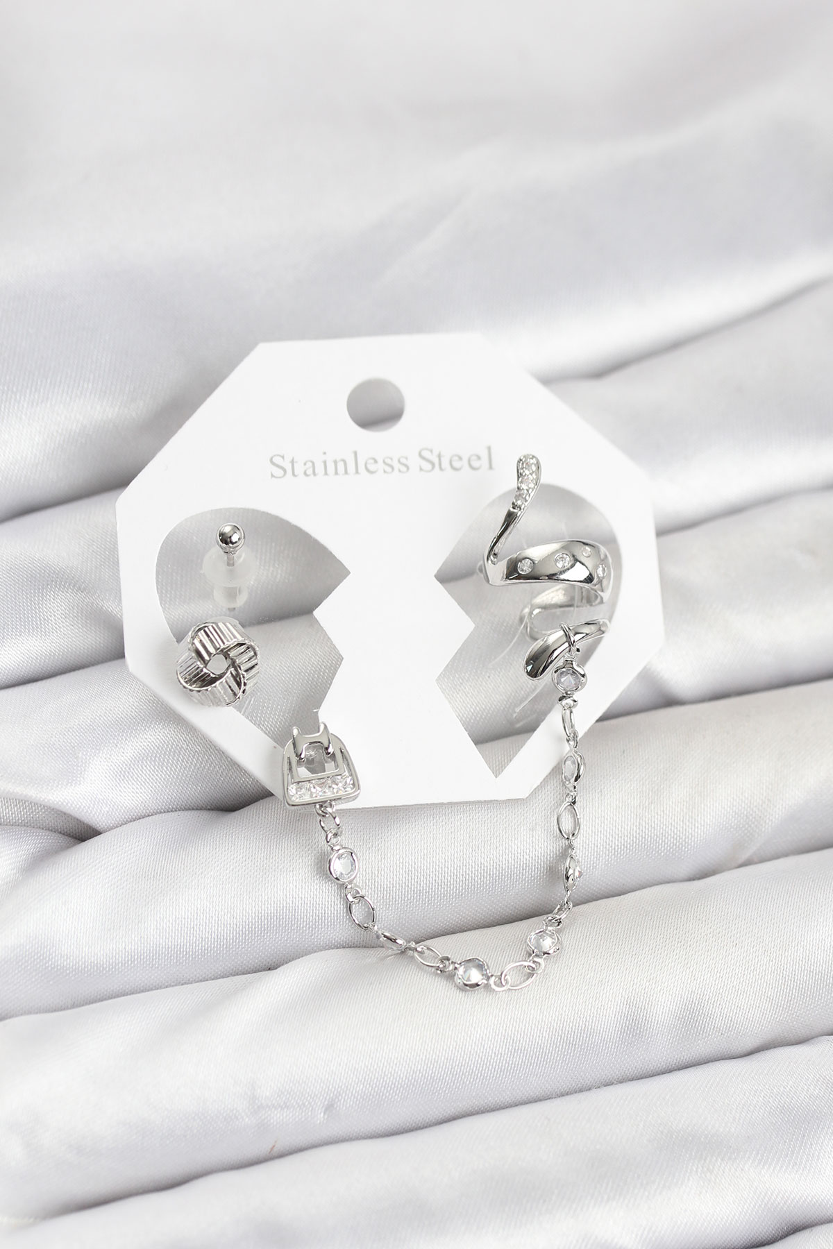 Tegan Pirinç Gümüş Renk Yılan Model Zincir Bağlantılı Ear Cuff Küpe Seti TG27BKP11533